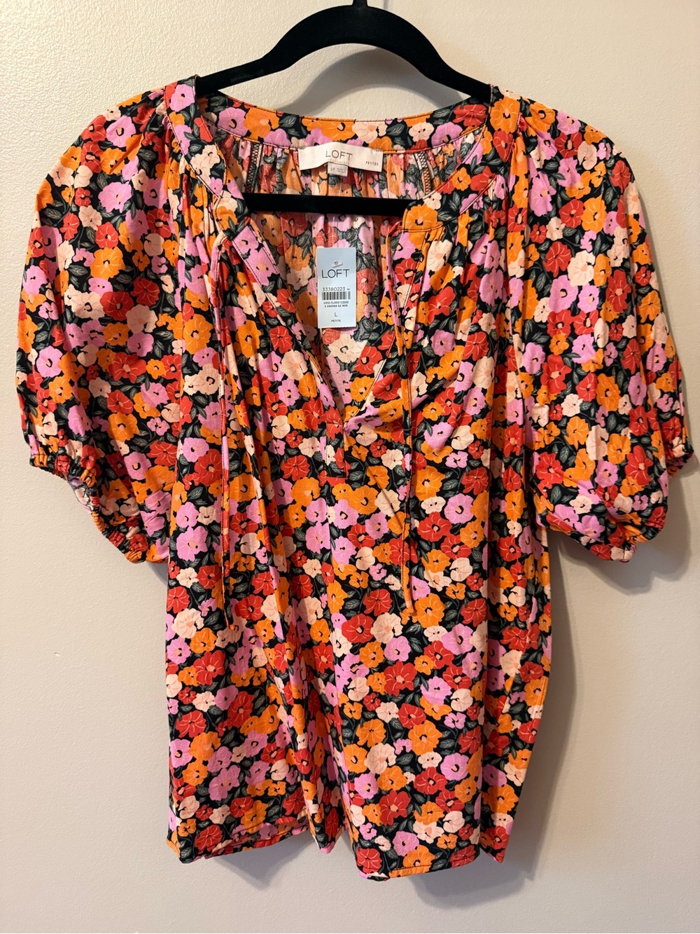 LOFT Bright Floral Puff-Sleeve V-Neck Top in Orange, Pink, Red, Black & Cream